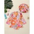 thumbnail image 3 of Bagilaanoe Newborn Baby Girl One-Piece Swimsuit Print Long Sleeve Zipper Rashguard Swimwear + Hat 6M 12M 18M 24M Infant Ruffle Ruffle Bathing Suit, 3 of 8