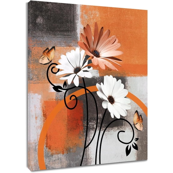 WFSposter-Farmhouse Orange Floral Wall Art for Bathroom Grey and White Geometric Canvas Wall Art Wall Paintings Home Decor Minimalist Wall Pictures for Living Room Bedroom Office Ready To Hang