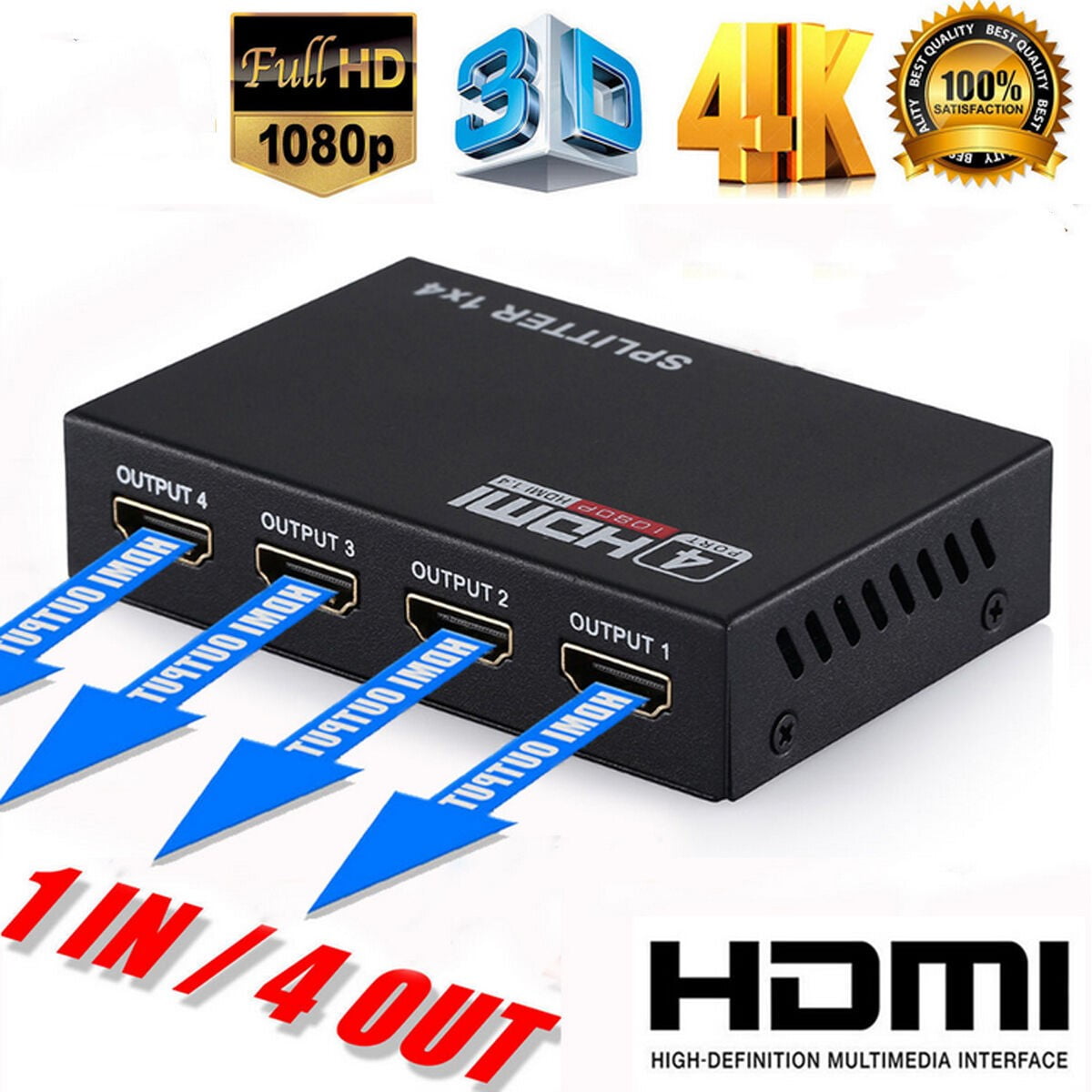 Splitter 1 in 3 4 Out,V1.4 Powered 1x4 Ports Box Supports 4K@30Hz Full Ultra HD 1080P and 3D Compatible with PC STB Xbox PS4 PS3 Fire Stick Roku Blu-Ray Player HDTV -