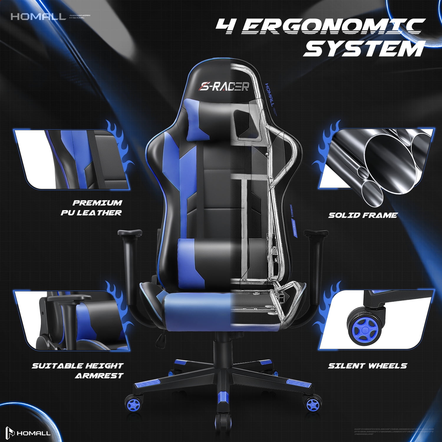 Homall Gaming Chair Office Chair High Back Computer Chair Leather Desk Chair Racing Executive Ergonomic Adjustable Swivel Task Chair with Headrest and Lumbar Support, Blue