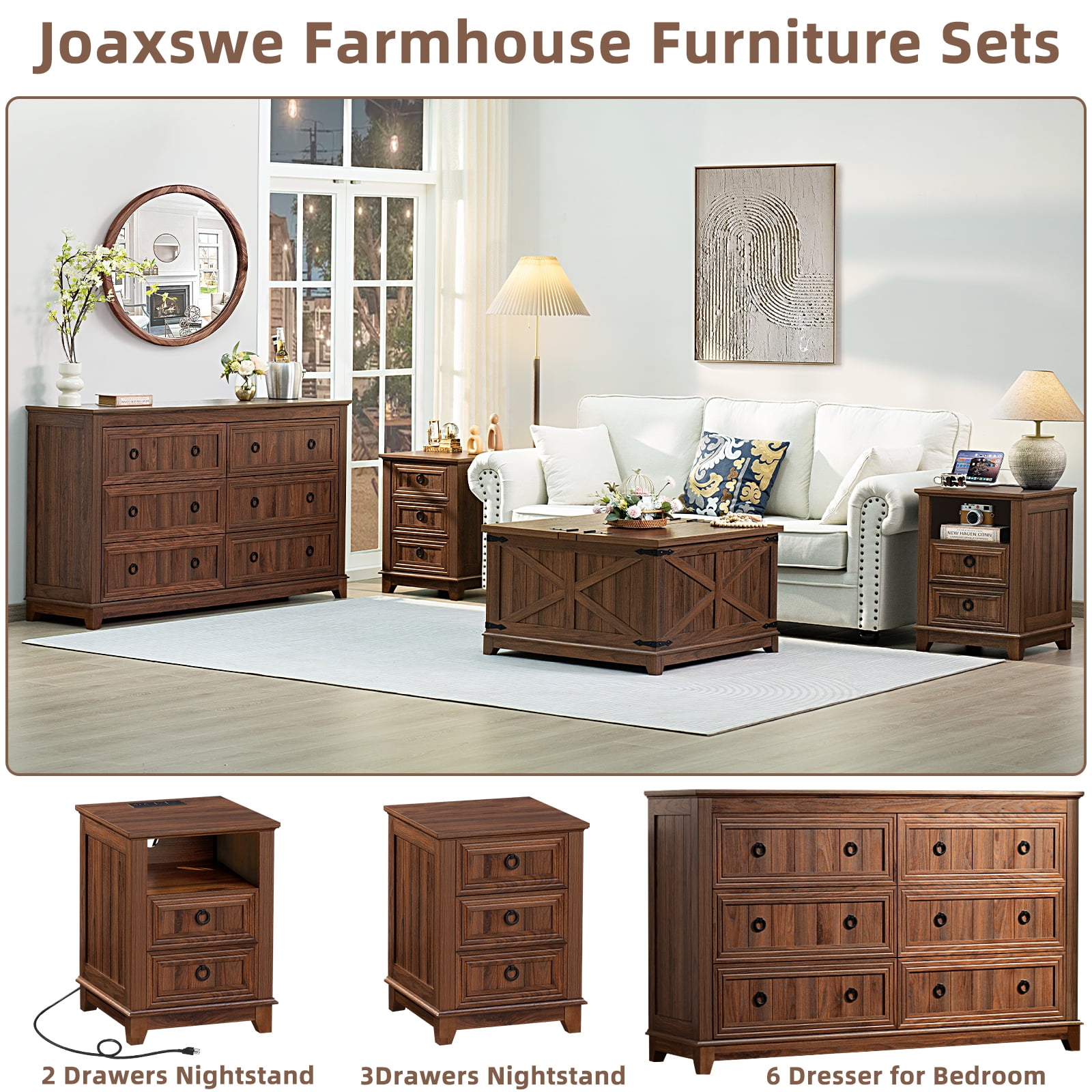 Joaxswe 6 Drawers Dresser for Bedroom, 54'' Dresser Chest of Drawers, Vintage Storage Dressers Organizer for Bedroom, Living Room, Hallway-Brown