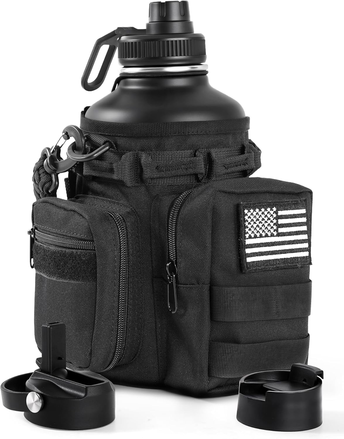 Tactical Half Gallon Water Bottle with Straw, 64 oz Insulated Water Jug with Molle Sleeve, Stainless Steel Sport Battle Bottle with 3 BPA Free Lids for Gym Workout Hiking (Gray)