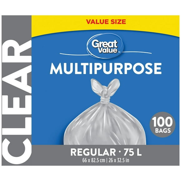Great Value Regular Clear Multipurpose Bags, 75L , 100bags
