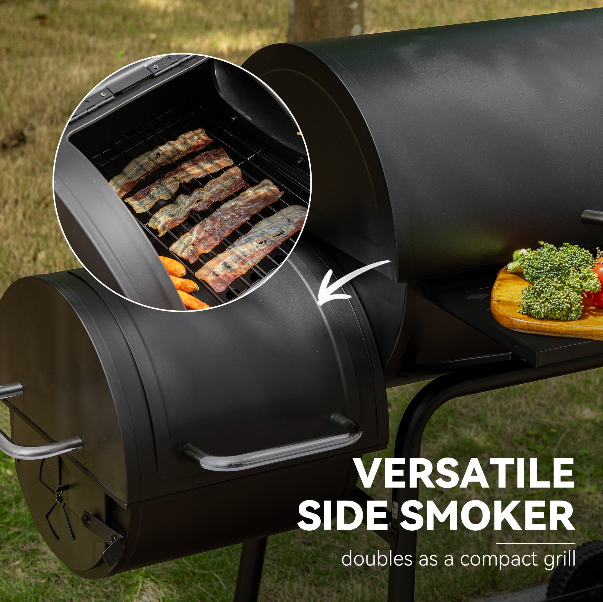 Royal Gourmet 30" CC1830F Barrel Charcoal Grill with Offset Smoker,Charcoal Grill for Outdoor Grilling and Backyard Cooking, Black