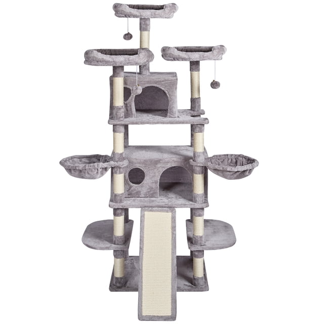 KFFKFF Indoor Cat Climbing Frame, 68.5" Multi-Level Playhouse with Dual Kitty Condos, Sisal Posts, Hammocks, Elevated Lookouts, Activity Platforms, Ramp, and Play Balls, Light Grey