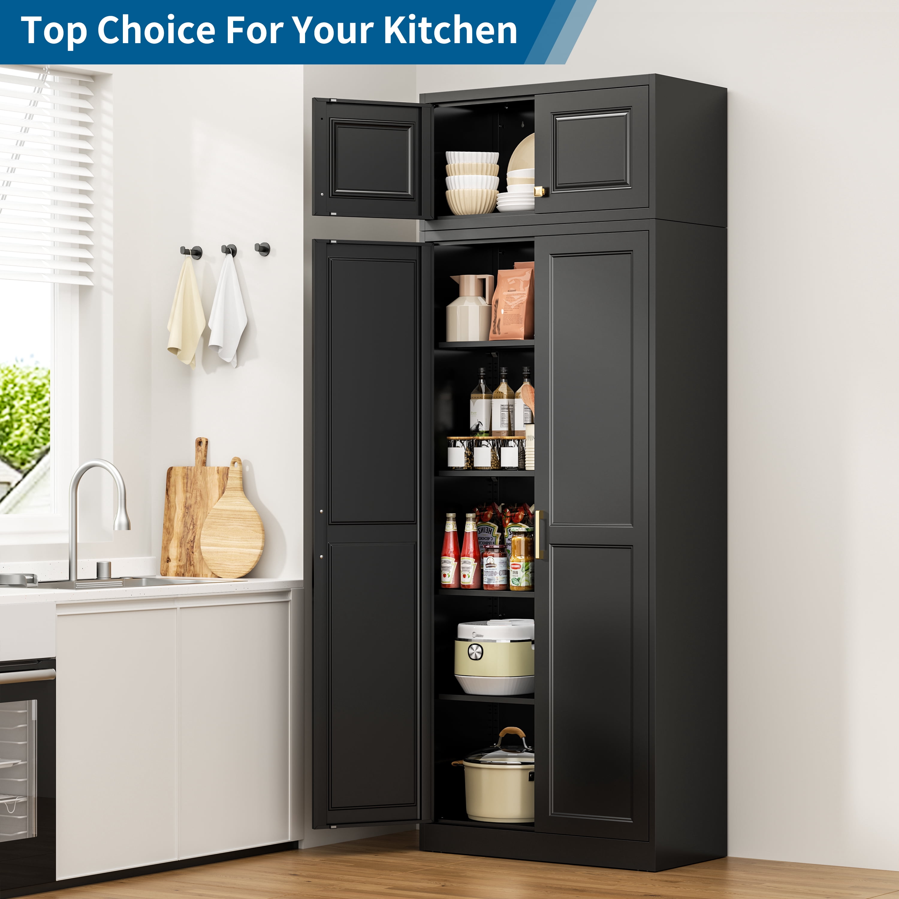 Polup 86" Height Modern Metal Pantry Storage Cabinet with Doors and Adjustable Shelves Black for Living Room Kitchen and Home