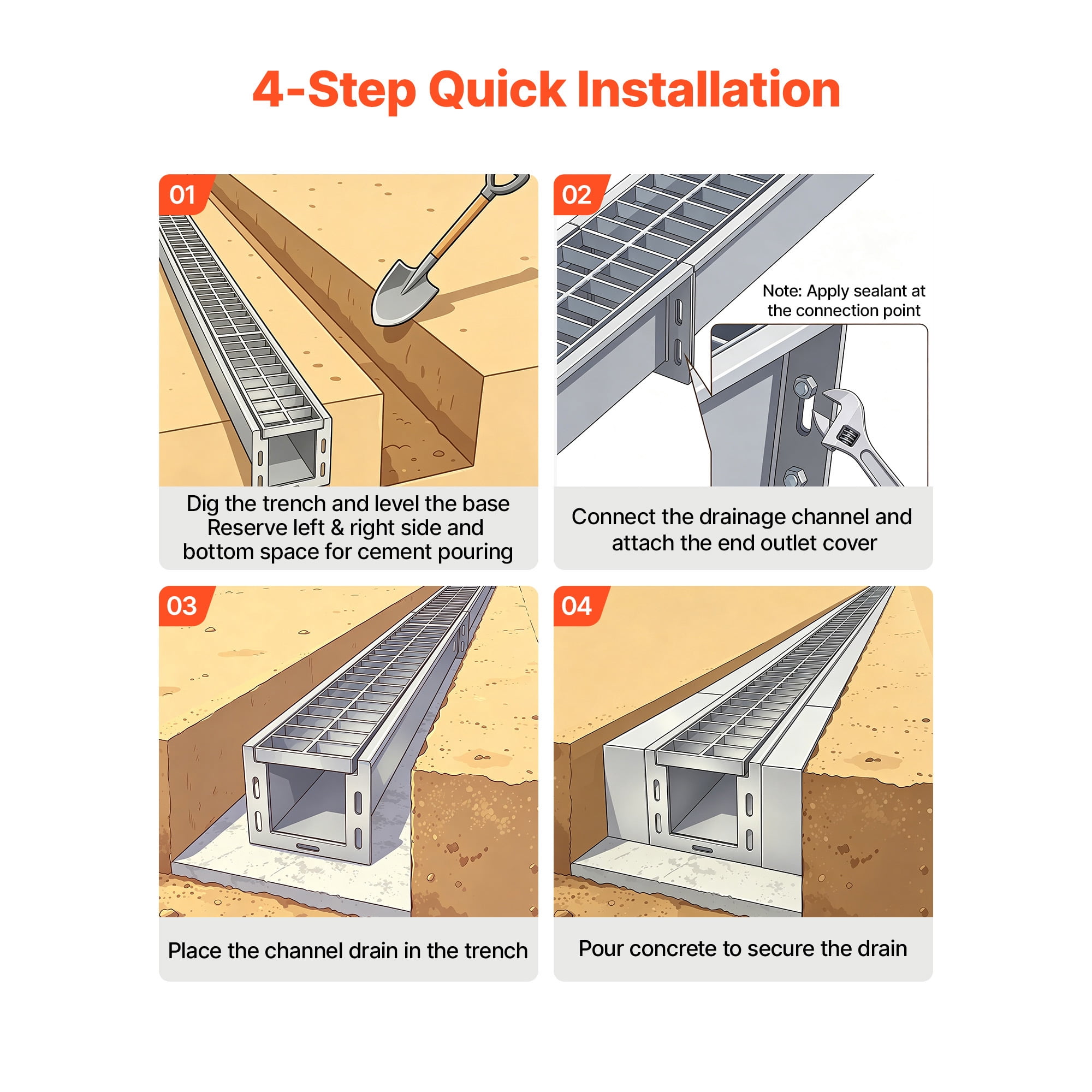 KFFKFF Trench Drain, 43.3 x 5.8 x 5.5 in, Linear Drainage Channel with Carbon Steel Grate, 304 Stainless Steel Channel, Durable Outdoor Drainage Solution for Driveway, Patio, Pool, Garden, Silver