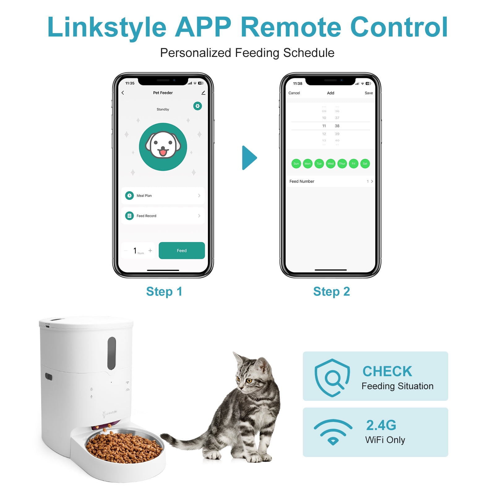 LINKSTYLE BRYN Automatic Cat Feeder with Camera, Smart WiFi Pet Feeder App Control, 2K Indoor Security Camera with Motion Tracking, Two-Way Audio Night Vision, Dog Cat Food Dispenser Bundle