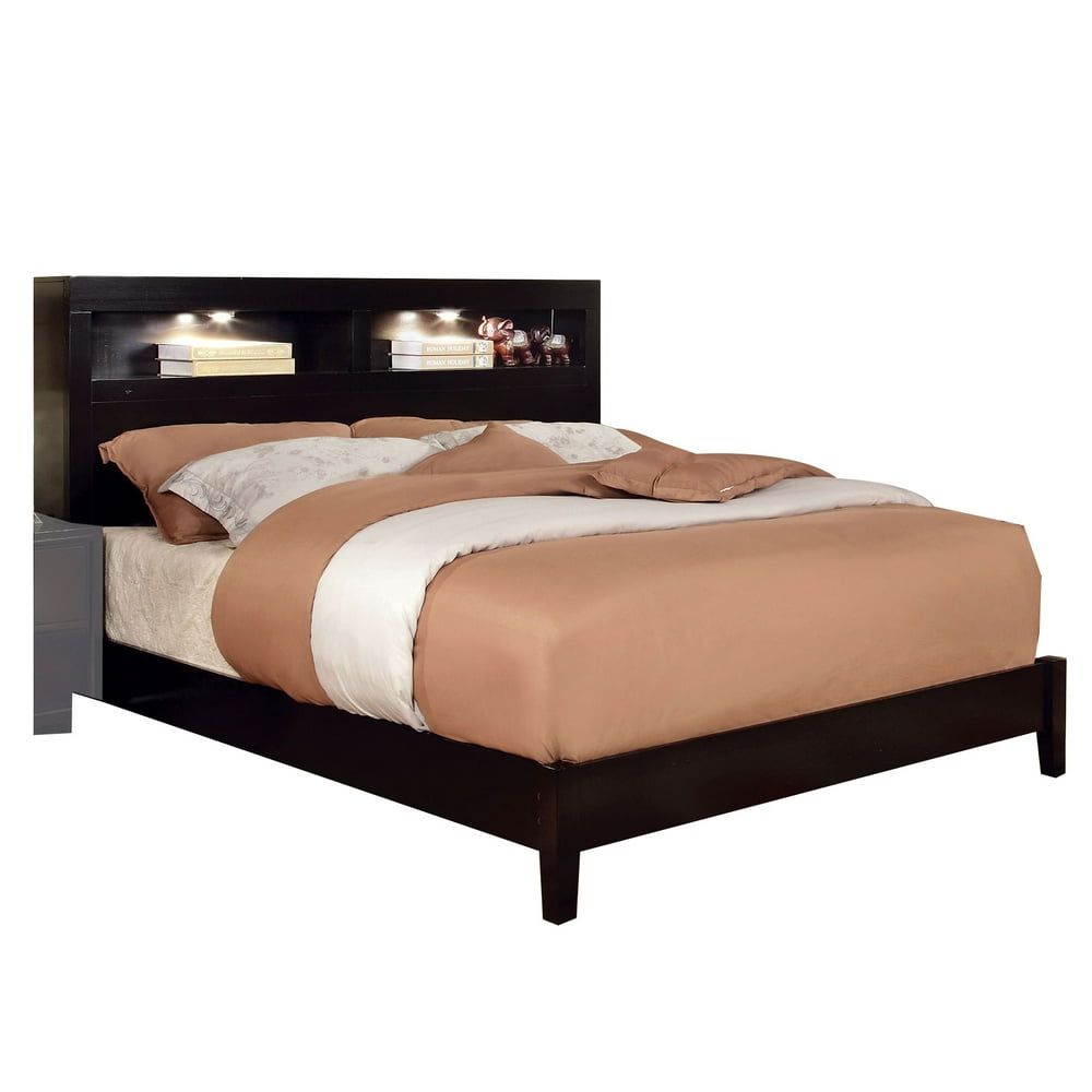 California King Wooden Bed with Bookcase Headboard, Espresso Brown