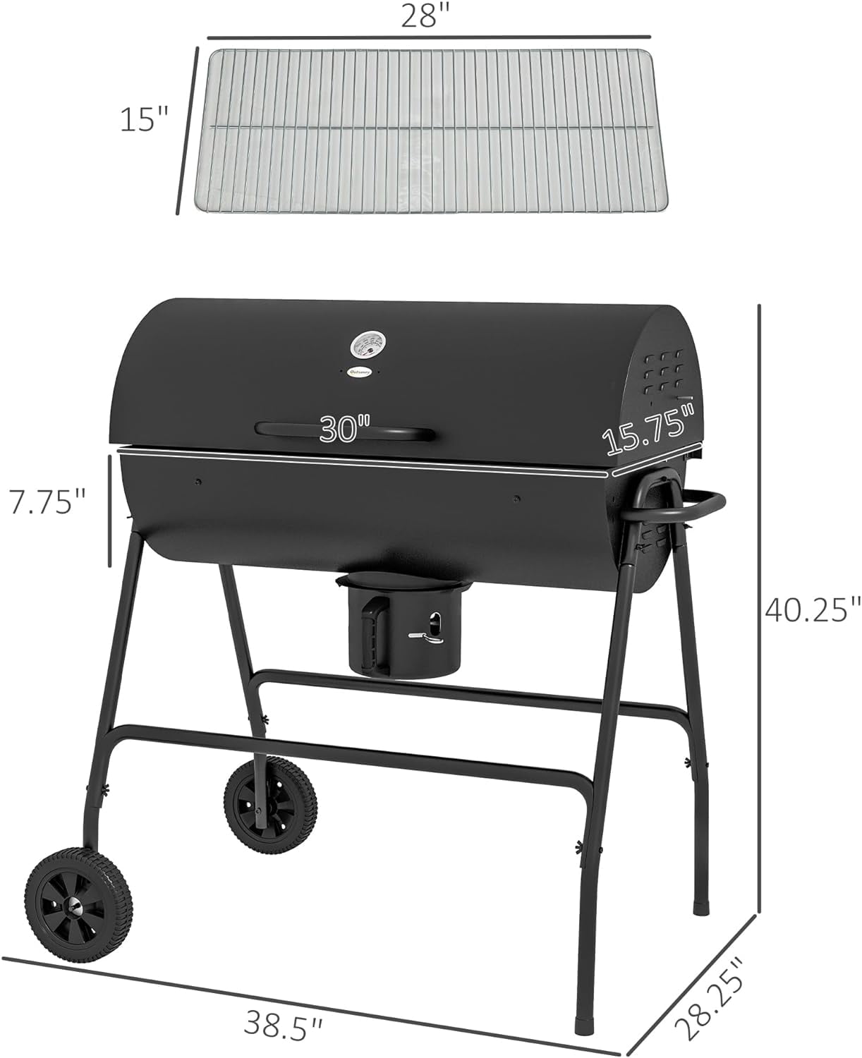 Barrel Charcoal BBQ Grill with 420 sq.in. Cooking Area, Outdoor Barbecue with Wheels, Ash Catcher and Built-in Thermometer for Patio Picnic, Backyard Party, Black