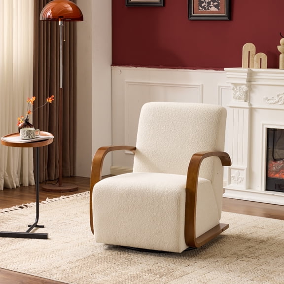Leumius 360° Swivel Accent Chair with Solid Wood Curved Arms,Mid-Century Modern Upholstered Single Sofa Chair for Living Room,Bedroom,Cream