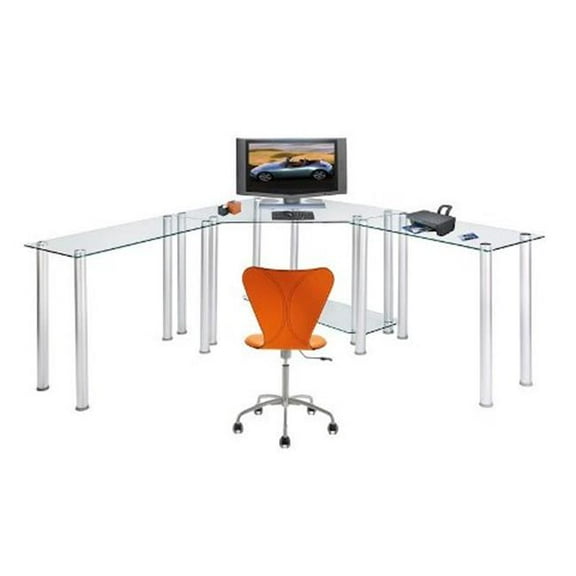 RTA Home and Office CT-013LR Clear Tempered Glass Corner Computer Desk with Left and Right Extention tables