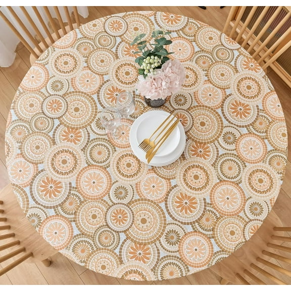 Round Elastic Edged Vinyl Tablecloth with Flannel Backing – Waterproof Oil-Proof PVC Fitted Table Cloth Plastic Cover (Fits Tables up to 40" - 44" Diameter)