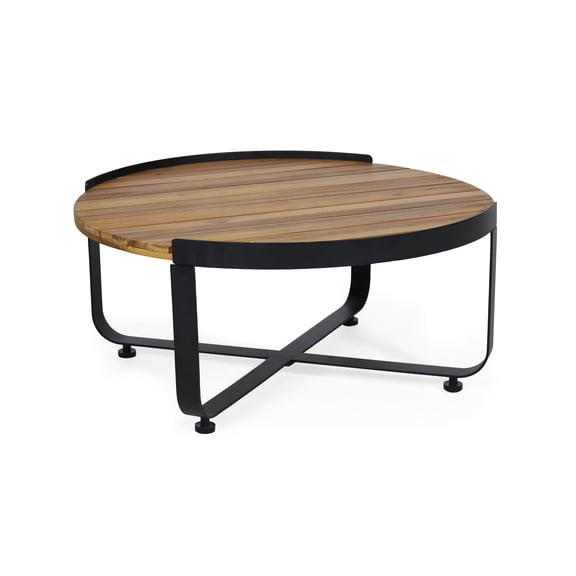 GDF Studio Aceston Outdoor Modern Industrial Acacia Wood Coffee Table, Teak and Black