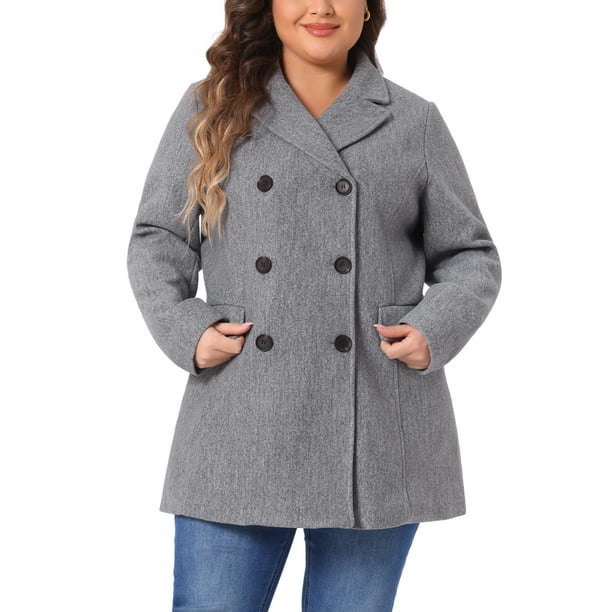 Abrigo largo de doble botonadura con solapa muesca para mujer de tallas grandes Agnes Orinda para un invierno con estilo 1X gris