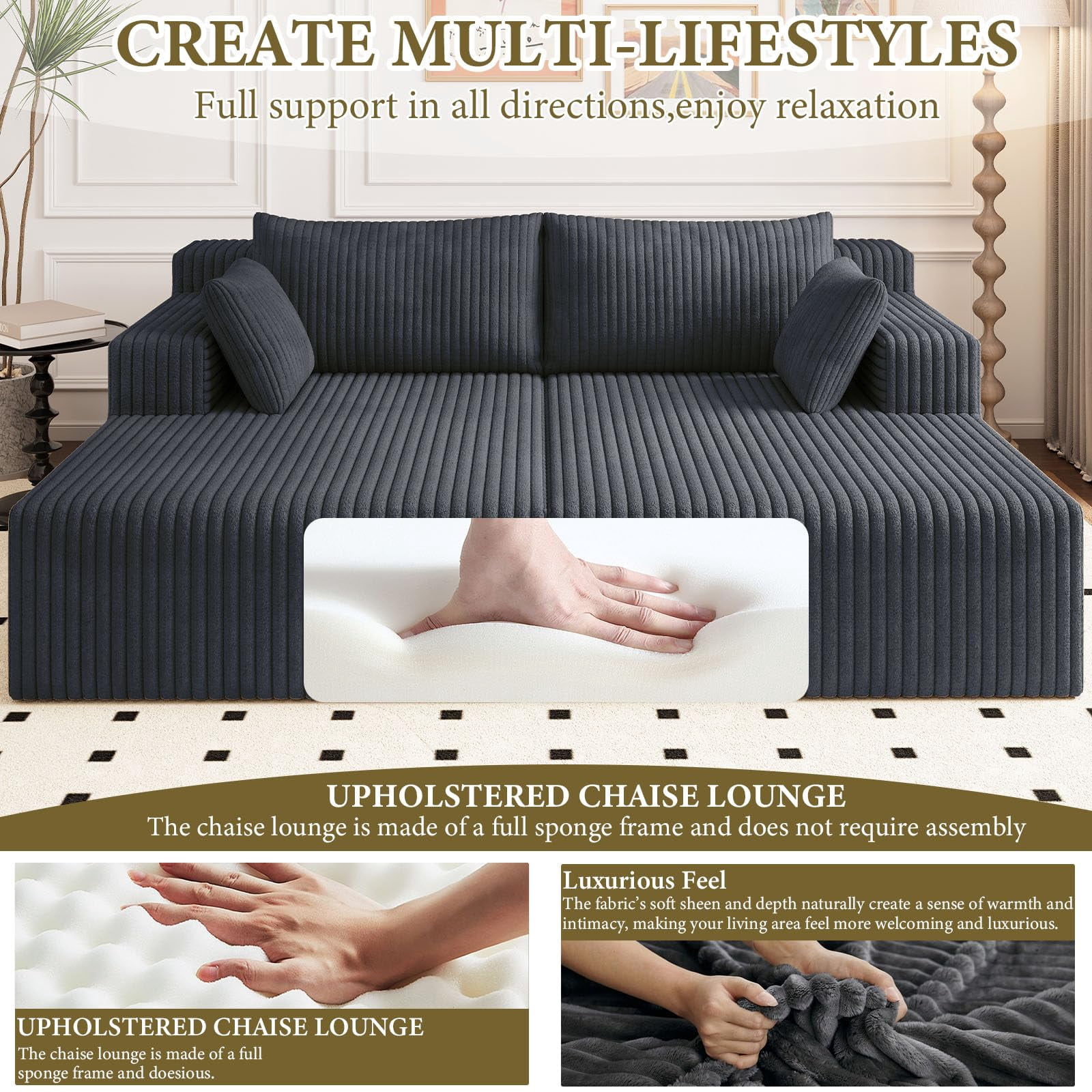 Aukfa 71" Oversized Double Chaise Lounge Indoor, Modular Boneless Cloud Couch Sleeper Loveseat, Deep Seat Corduroy Sofa Bed, No Assembly Required for Living Room Bedroom, Dark Gray