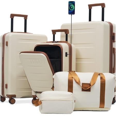 CHAMPFLAG 5 Piece Expandable Hardside Luggage with USB Port, Front Opening Carry On, Spinner Wheels &; TSA Locks, Lightweight Suitcase Set