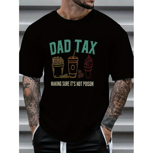 Men's Casual Dad Tax Graphic T-Shirt - Short Sleeve, Cotton Blend, Round Neck, Black with Colorful Drink & Letter Print, Perfect for Spring/Summer Outings, Fathers Day Tshirt
