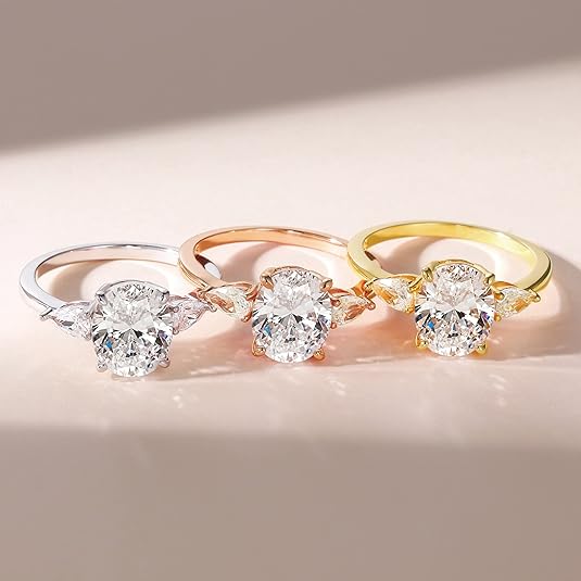 Yomhary 3CT 925 Sterling Silver Engagement Rings for Women ,3-Stone Oval Cut Cubic Zirconia CZ Wedding Promise Rings ,Gold Plated