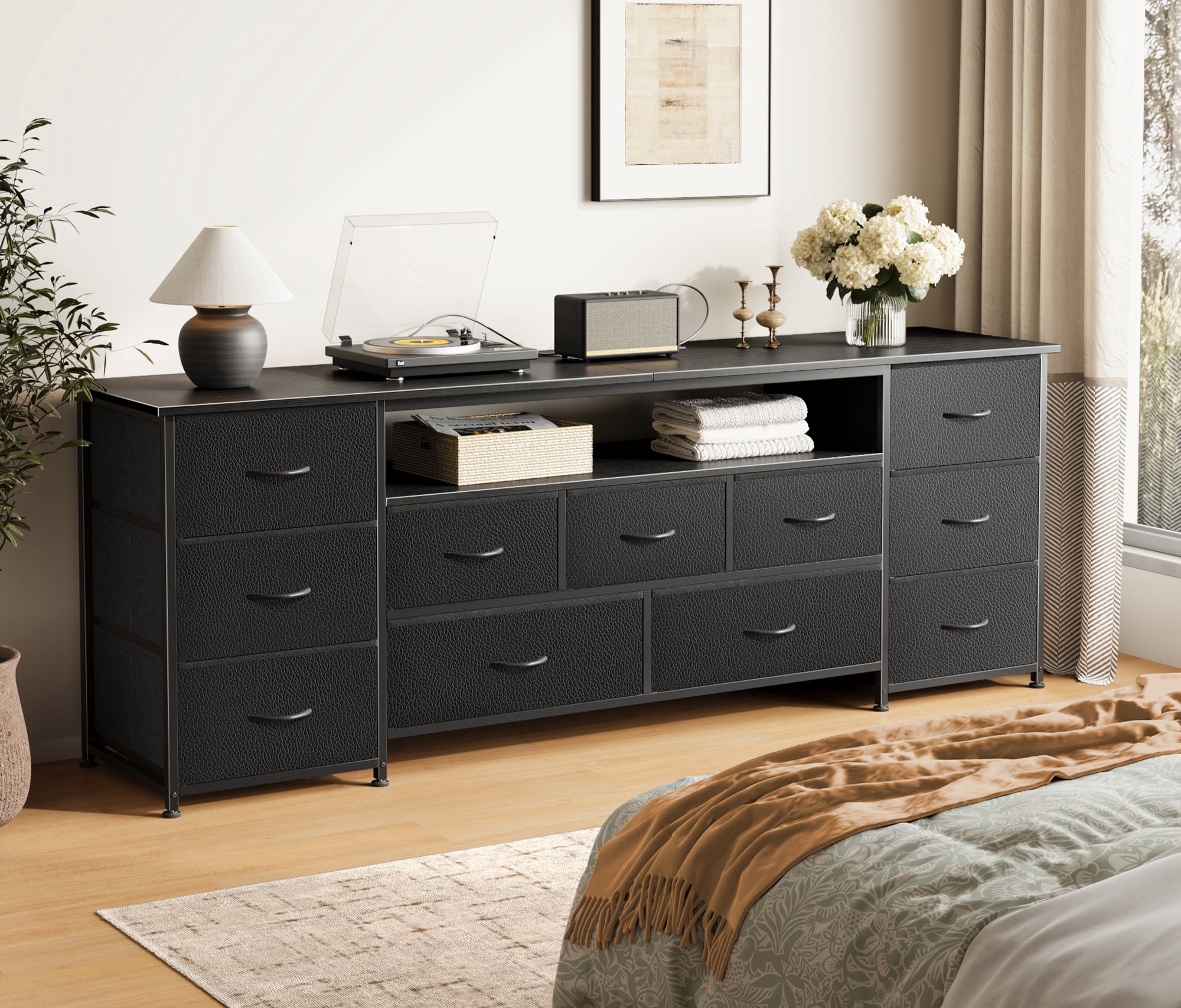Amadwell Large TV Stand for 65, 70 Inch TVs, 11 Drawer Long Dresser with Power Outlets & LED Lights, 63 inch Entertainment Center