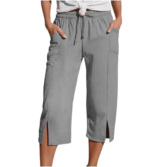 Qiopertar Women's Casual 3/4 Length Drawstring Pants Summer Relaxed Solid Color Elastic Waist Pull-On Pants with Pockets and Slit Hem, Gray M
