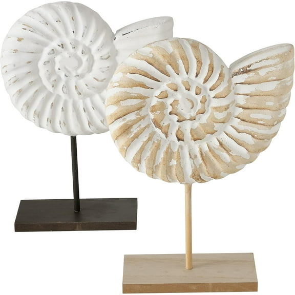 Modernist Nautilus Circular Shell Sculptures, Set of 2, Hand Carved, Antiqued Distressed Details, White and Natural, MDF Wood Base, 11 H Inches
