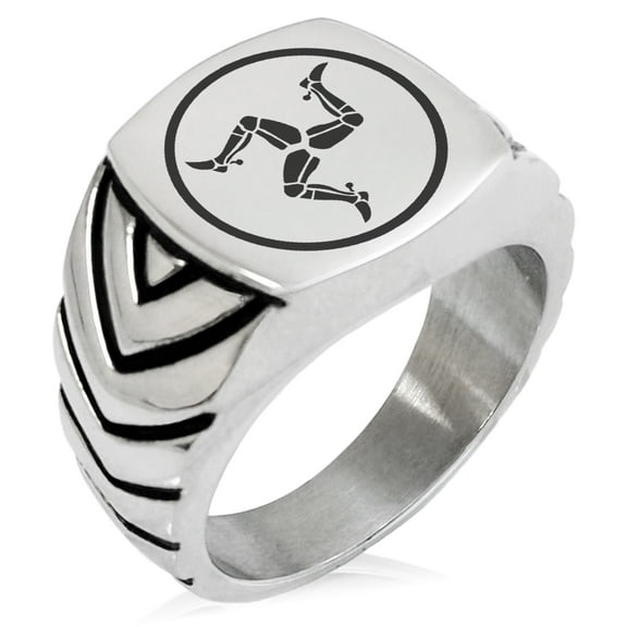 Stainless Steel Celtic Triskelion Three Legged Isle of Man Chevron Pattern Biker Style Polished Ring