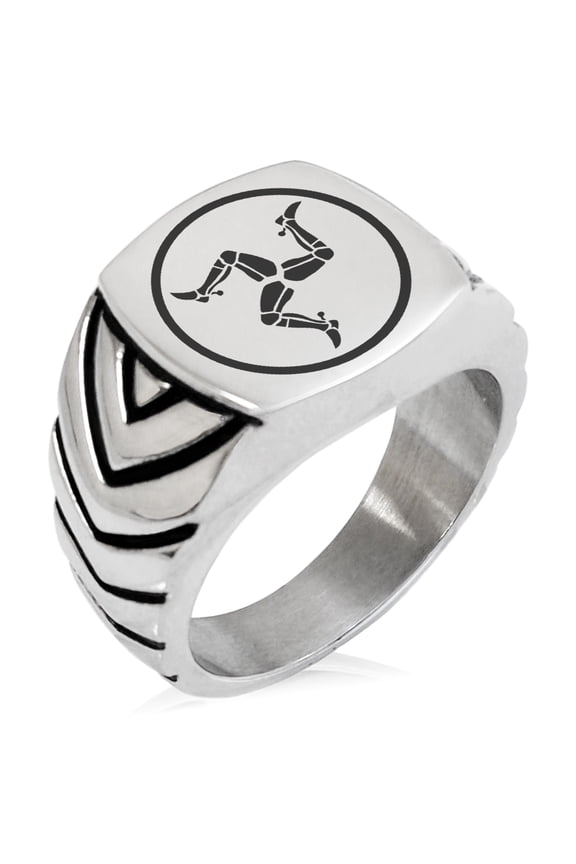 Stainless Steel Celtic Triskelion Three Legged Isle of Man Chevron Pattern Biker Style Polished Ring