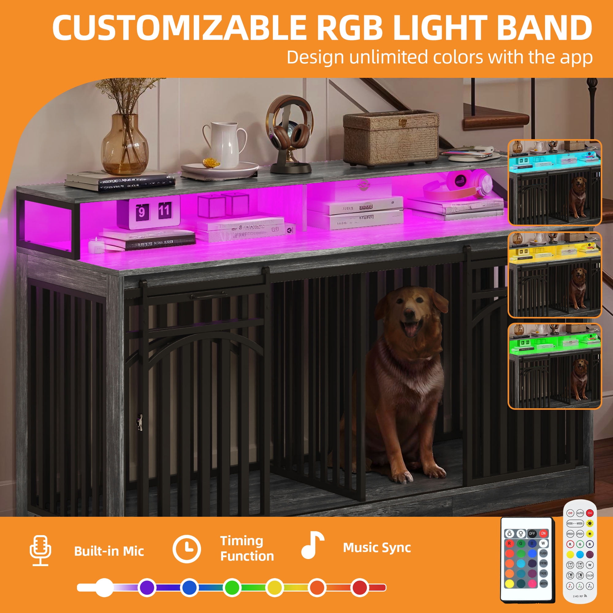Craftian 71" Dog Crate Furniture, TV Stand with LED Lighting and Power Outlets, Dog Kennel for Large Dogs - Black Oak