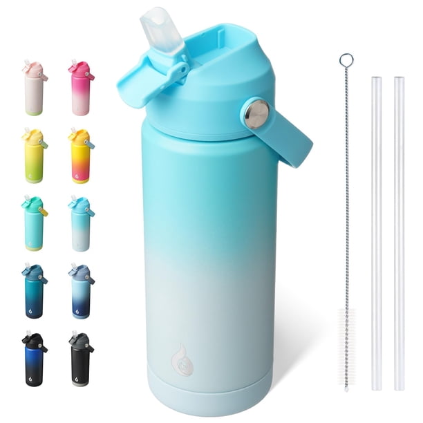 BJPKPK Botella de agua aislada con tapa de pajita, botellas de agua termo de 18 oz con boquilla suave, mango flexible y bota antideslizante, botellas de agua de metal de acero inoxidable a prueba de f