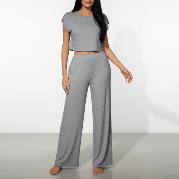 YueHuiYing Fashion Women Solid Color Loose Tight Waist Round Neck Short Sleeves Straight Cylinder Pants Sets