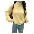 thumbnail image 2 of Women Turtle-Neck Sweater Chunky Long Sleeve Knitted Pullover High Low Hem Trendy Fall Winter Top Light Yellow L, 2 of 9