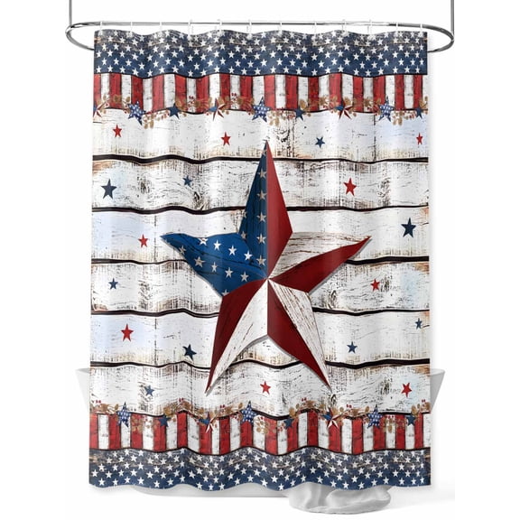 4th of July Shower Curtain, Patriotic Farmhouse Barn Star Bathroom Decor Curtains Set with Hooks, Red Striped Waterproof Fabric Home Accessories, 72X 96 Inch Extra Long