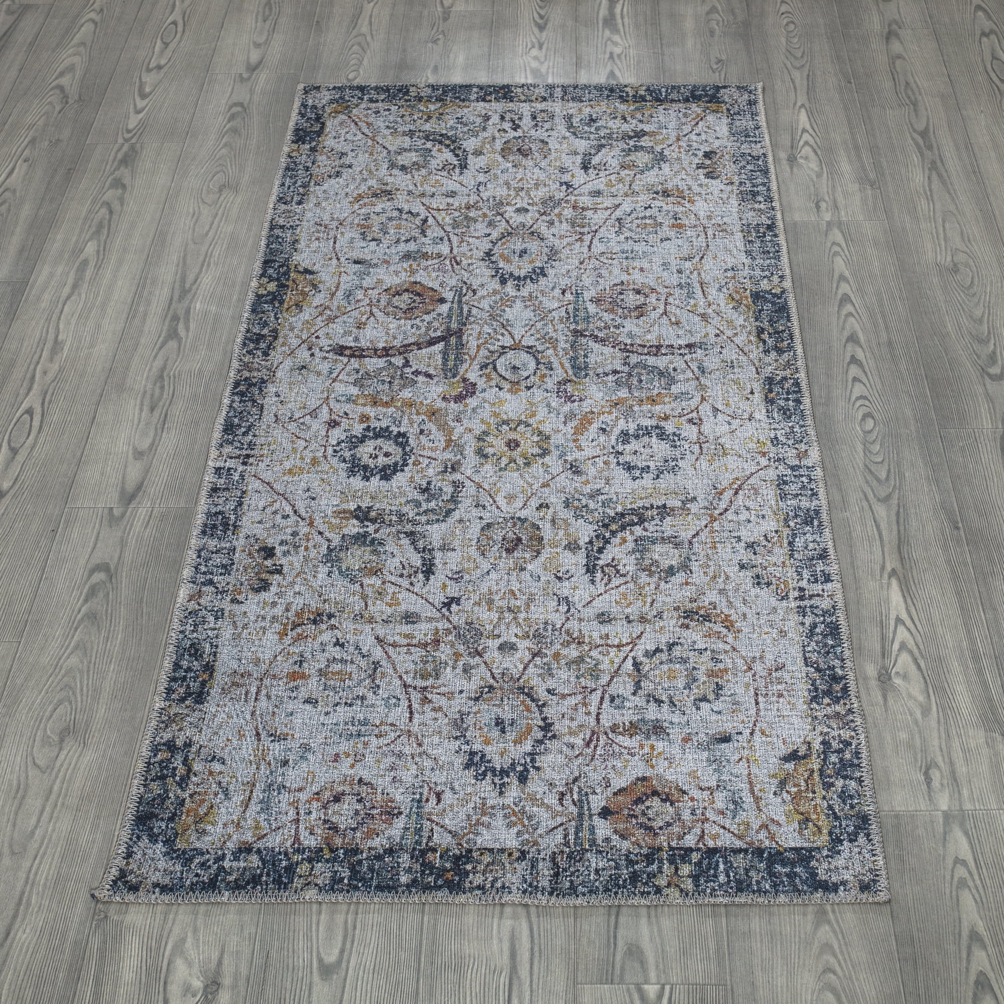 Ottomanson Machine Washable Cotton 3x6 Flatweave Runner Rug for Bedroom, 2'7" x 6', Gray/Blue Floral