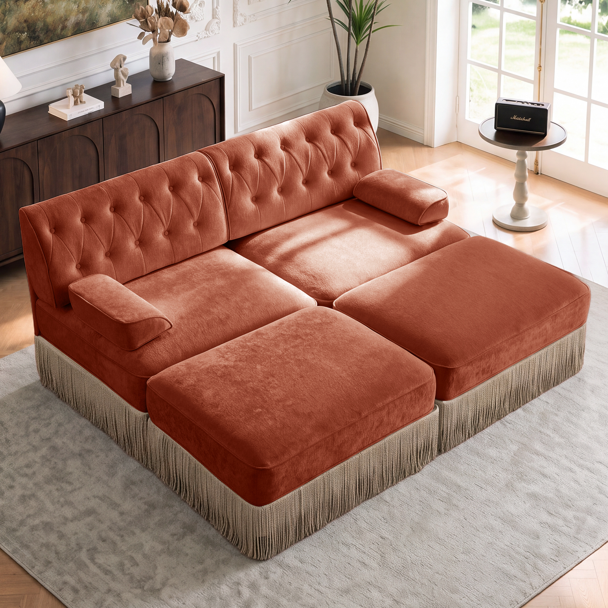 76.6" Chesterfield L-Shaped Modular Sectional Loveseat Sofa Set with 2 Ottoman and Tassel Skirt, Easy to Assemble