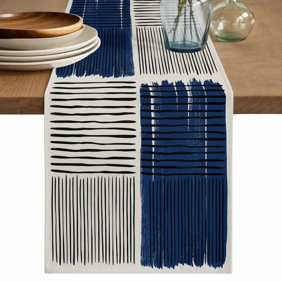 Navy Blue Striped Table Runner 72 Inches, Farmhouse Stripes Modern Abstract Art Bed Runner Dresser Scarves Tabletop for Indoor Outdoor Parties/Ceremony/Banquet, 14" x 72"