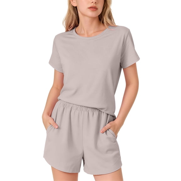 CPNG Girls 2 Piece Short Set Kids Summer Outfit Soft Solid Color Short Sleeve Crewneck T-shirt Elastic Waist Shorts Sweatsuit Set(Beige,8-9 Years)