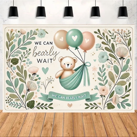 Cute Bear Baby Shower Backdrop We Can Barely Wait Photography Background Boho Floral Green Pink Balloons Newborn Shower Birthday Party Decorations Banner Supplies Photo Booth Props