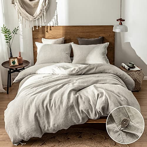Simple&Opulence 100% Linen Duvet Cover Set, 3 Piece Belgian Flax Breathable Bedding, King Size-104''x 92'' (1 Comforter Cover+2 Pillowshams) with Coconut Button Closure-Natural Linen
