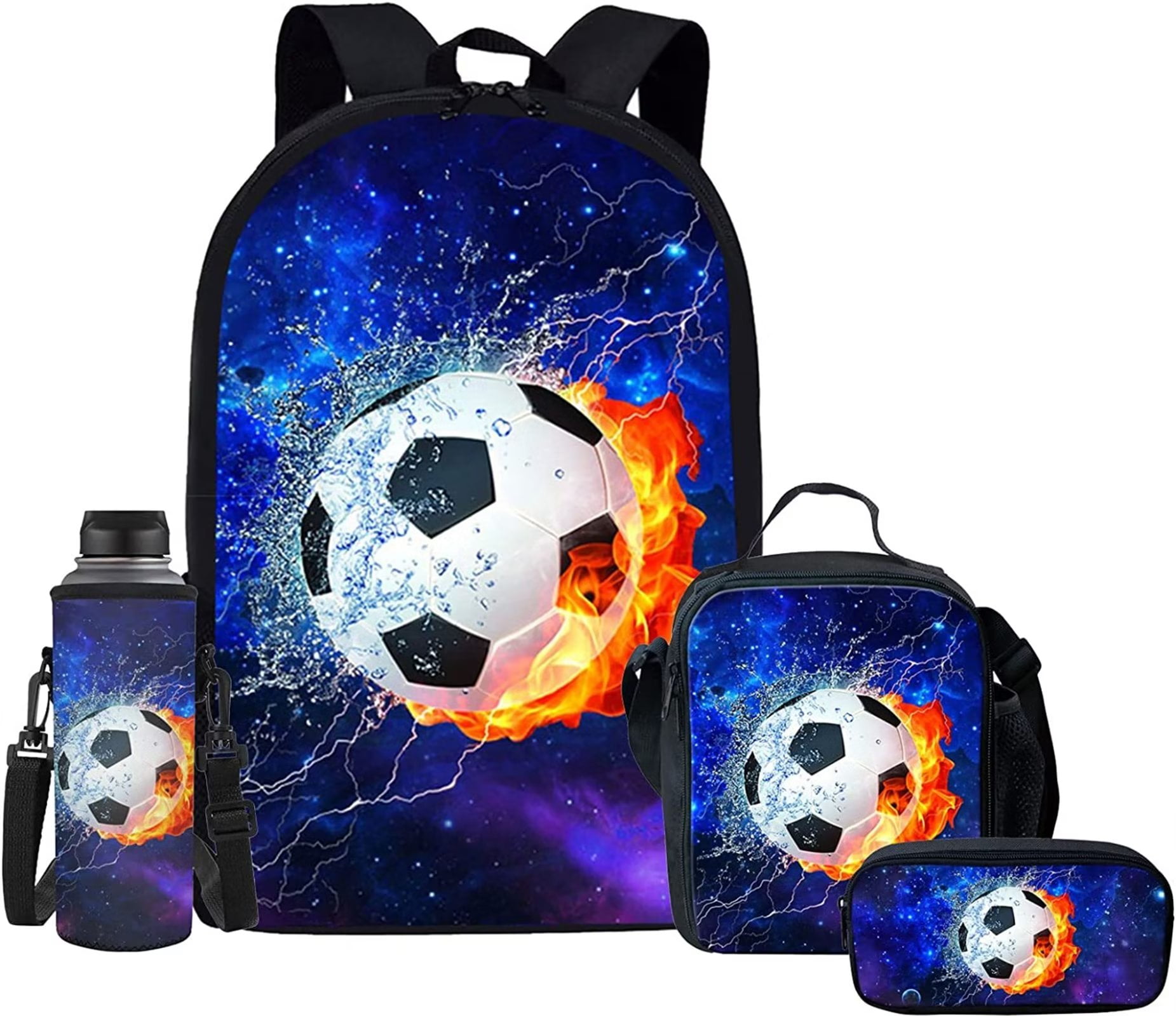 Pzuqiu Water Soccer Boys Girls School Book Bags 3 Piece, Elementary Middle  School Backpack with Lunch Bag Water Bottle Sleeve