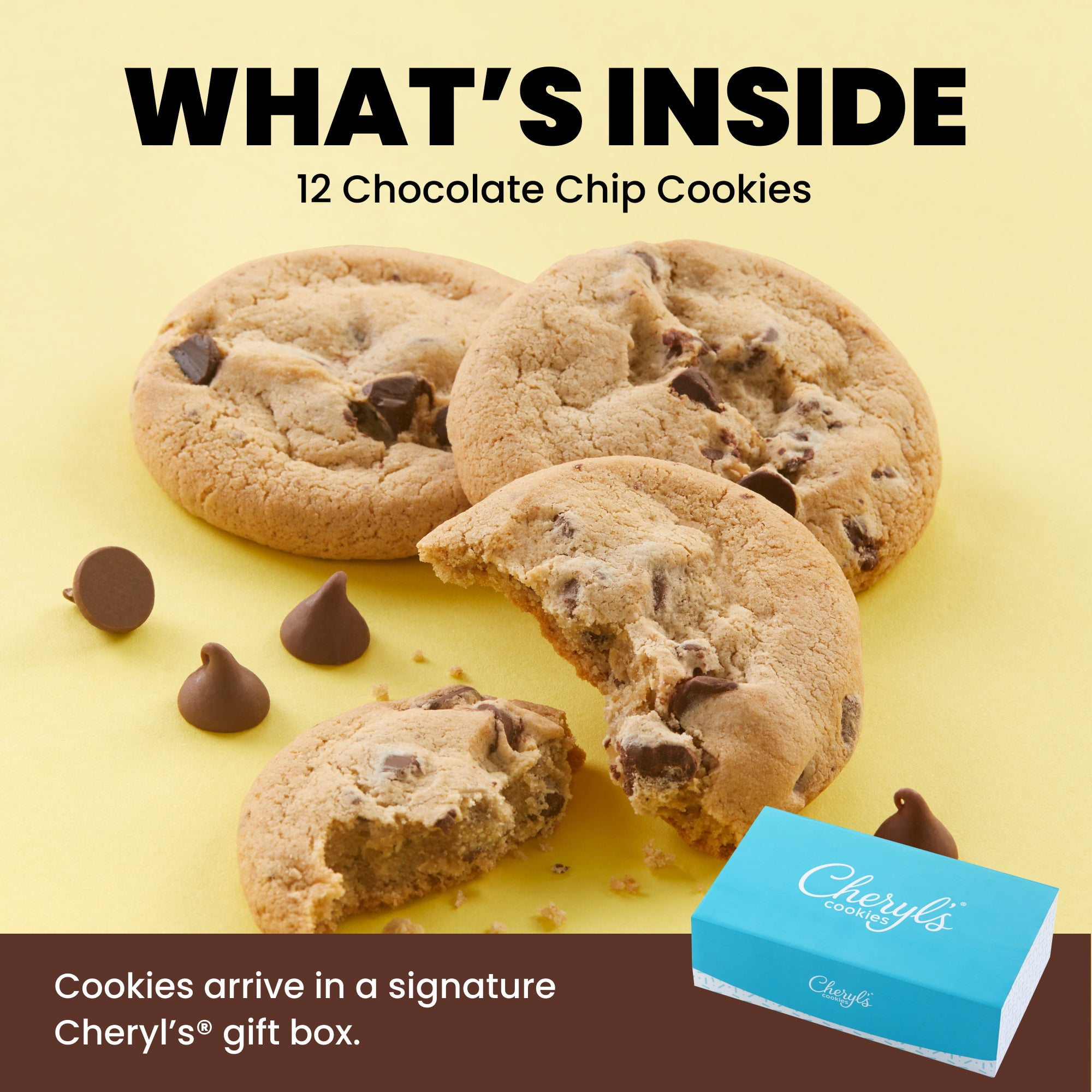 Cheryl's Cookies® Chocolate Chip Cookie Gift Box, w/12 Soft & Chewy Chocolate Chip Cookies, Individually Wrapped in Gift Box, Kosher, For Any Occasion, Family, Friends, Loved Ones, Coworkers