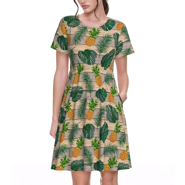 Balery Pineapples Palm Leaves Vestidos sueltos de manga corta para mujer, vestidos de verano 2025, vestidos casuales de corte A con vuelo.
