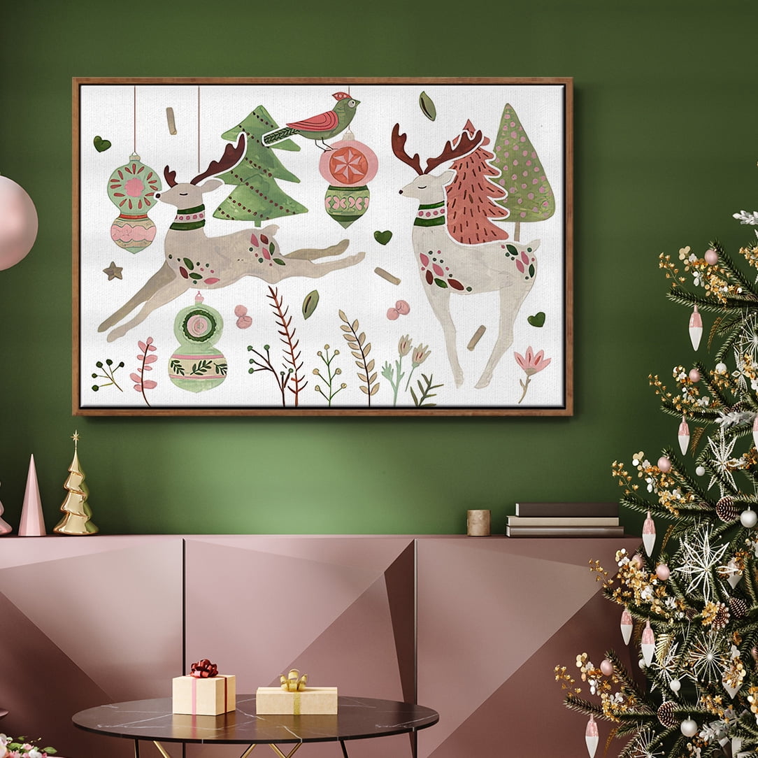 Reindeer Wishes Collection A - Framed Gallery Wrapped Holiday Canvas - 27 x 41 - Rosewood Frame
