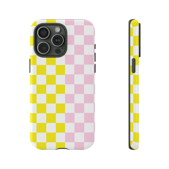 Pink White Yellow Checkered Tough iPhone 15 Case-iPhone Case-iPhone