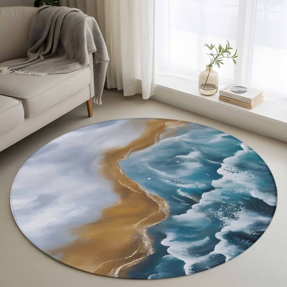 Small Round Rug 3Ft Washable Non-Slip, Blue Beach Circle Area Rugs for Living Room Bedroom, Summer Ocean Coastal Waves Gradient Abstract Indoor Floor Mats Carpet Runner for Home Decor