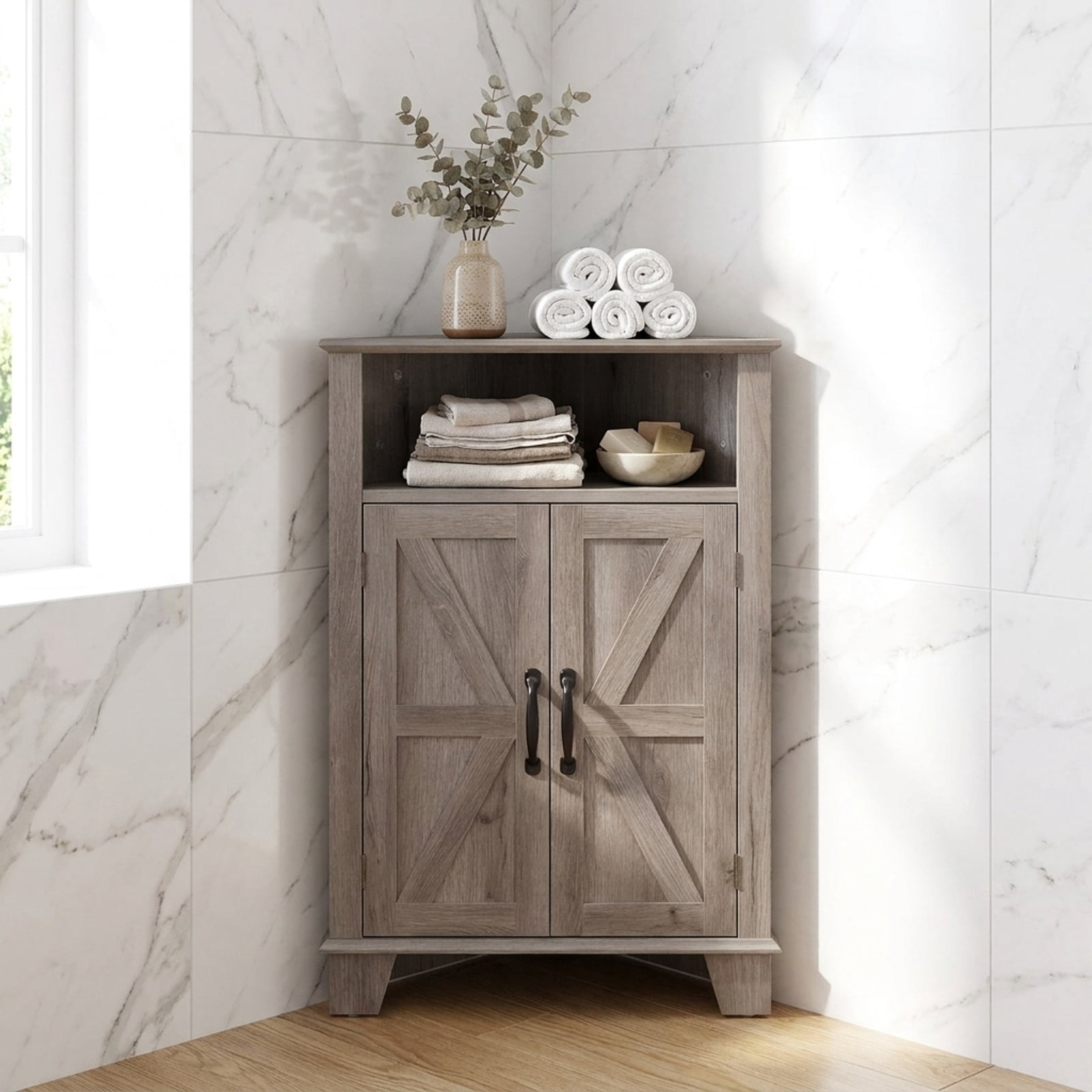 Furnibear 4 Tier Corner Accent Cabinet with Doors Open Shelf and Adjustable Storage for Kitchen Living Room and Entryway, Gray