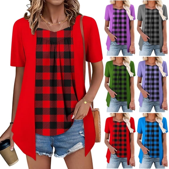 Women's Printed Fake Two Piece Short Sleeve Round Neck Blouse Shirt Top Loose Fit Casual Summer Fashion | CSEONE,Blue XL