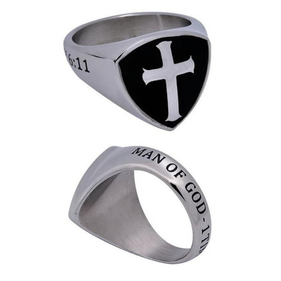MAN OF GOD Black Signet Cross Ring, Engraved in Stainless Steel