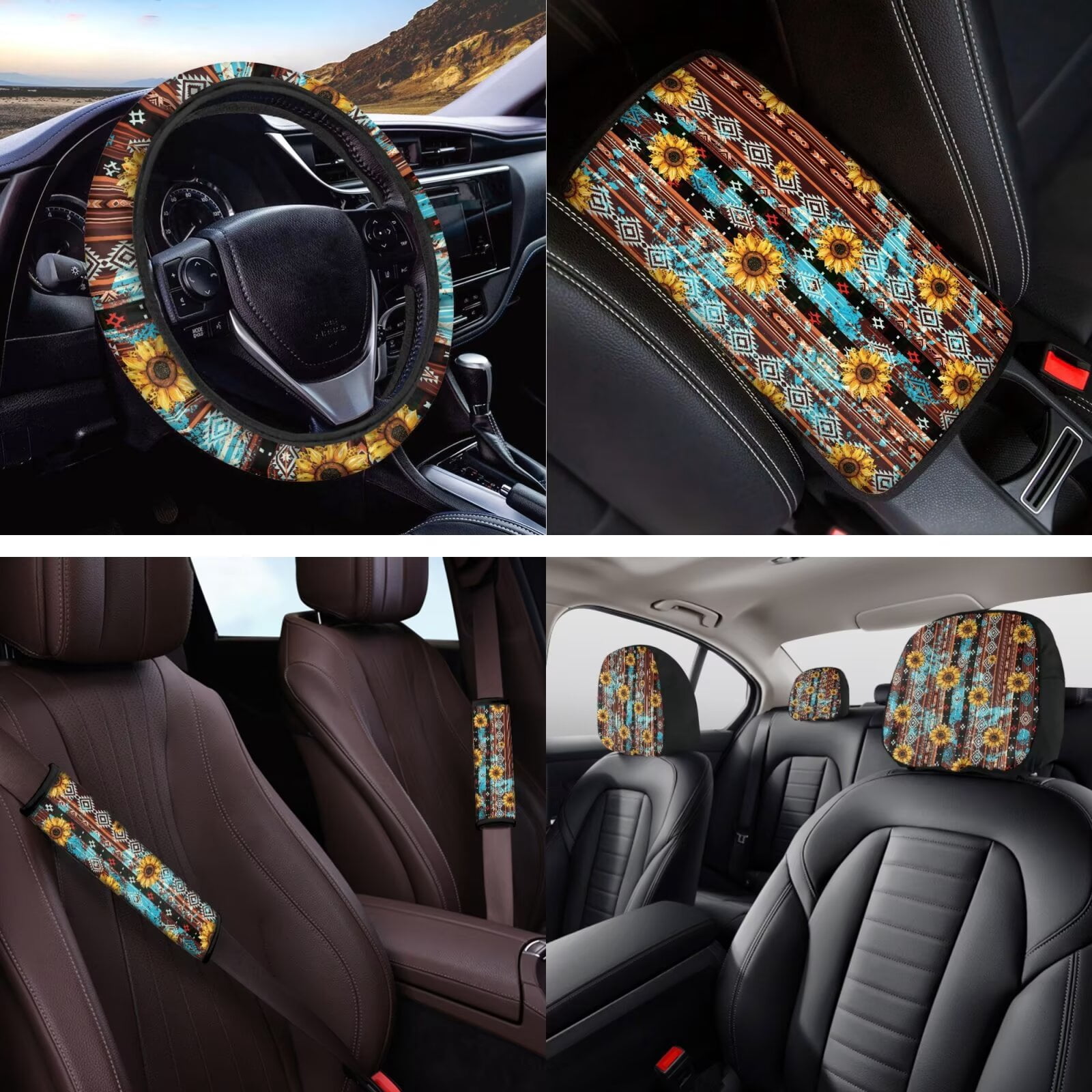 Yuyamidu Aztec Car Seat Covers Set with Steering Wheel Cover Seat Belt Covers Sunflower Car Armrest Cover Cushion Coasters Headrest Covers Cup Holders Keychain, 14 PCS