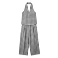 thumbnail image 4 of Linen Plaid Two-Piece Outfit Women’s V-Neck Top Wide-Leg Pants Casual Summer Vacation Set, 4 of 7